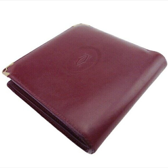 Authenticity guaranteed USED Cartier Bi -fold Wallet Bordeaux x Leather x Gold - Picture 3 of 11